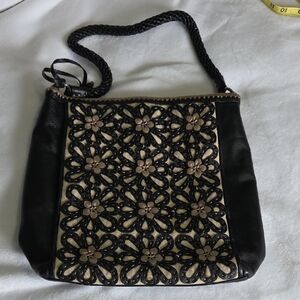 Brighton Black and Cream Floral Appliqué Shoulder Bag